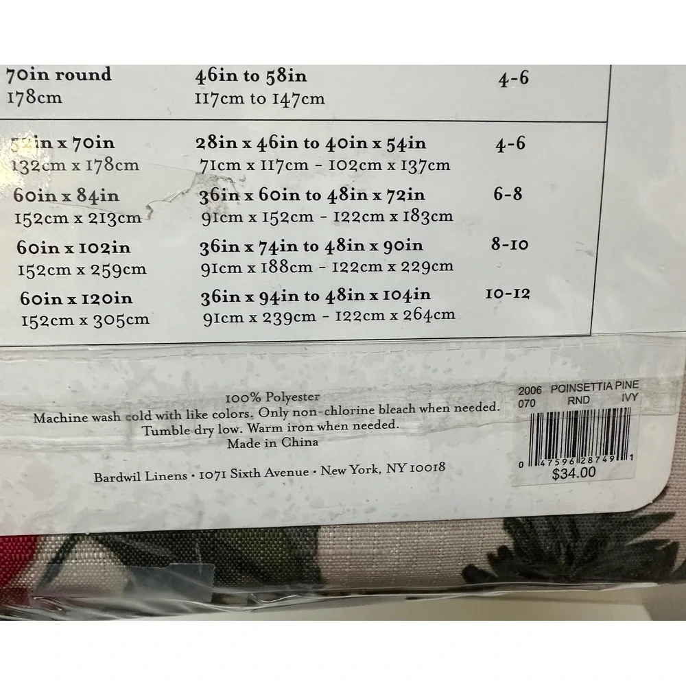 Bardwil Linens Poinsettia Pine 70 Inch Round Christmas Tablecloth Red Green